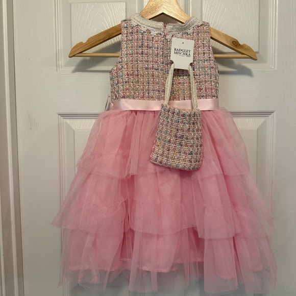 NWT Badgley Mischka Tweed Bodice Tiered Tulle Skirt Girls Dress with Bag Set - Picture 2 of 5